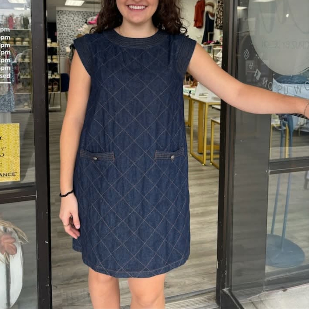 Quilted look denim sheath dress